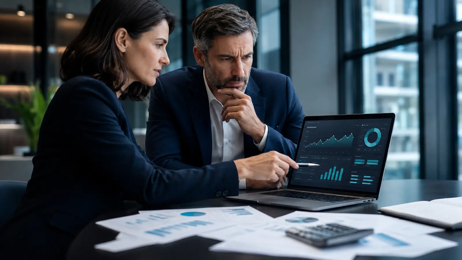 Executivos analisando indicadores financeiros em um painel digital